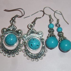 2 Pair Blue Turquoise & Silver Bead Dangle Earrings, Beaded, Filigree Boho Style